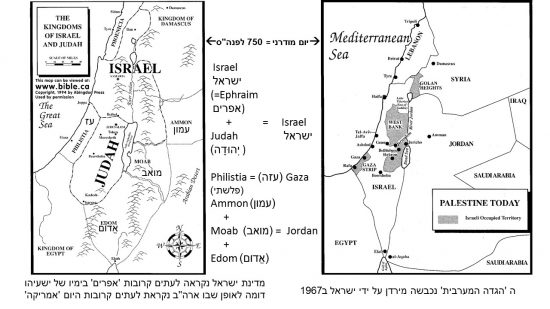 מפת ארץ ישראל+יהודה והמדינות הסובבות ב-750 לפני הספירה (תקופת בית ראשון) לעומת מפת ארץ ישראל והמדינות של היום